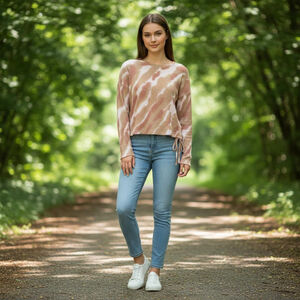 Women's Long Sleeve Tee S Brown Pink Tie-Dye